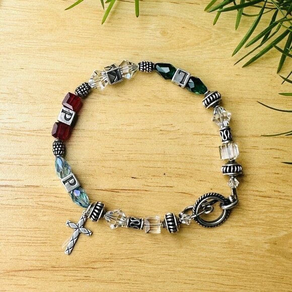 VTG Charm Bracelet Size 7 Block Letter Cross Glass Beads Colorful Sterling 18.7g - Picture 11 of 11